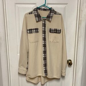 Plaid Accent Beige Button-Up Shirt